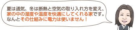 夏は通気、冬は断熱と空気の取り入れ方を変え、家の中の湿度や温度を快適にしてくれる家です。なんとその仕組みに電力は使いません！